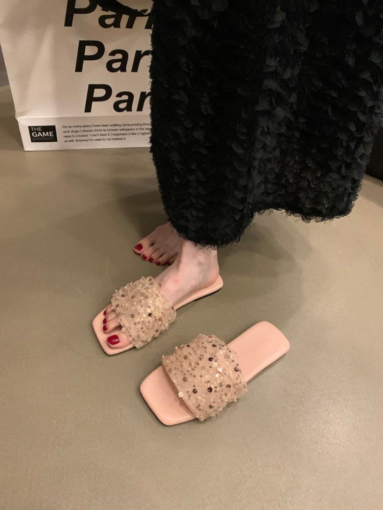 Sequin Mesh Slide Sandals