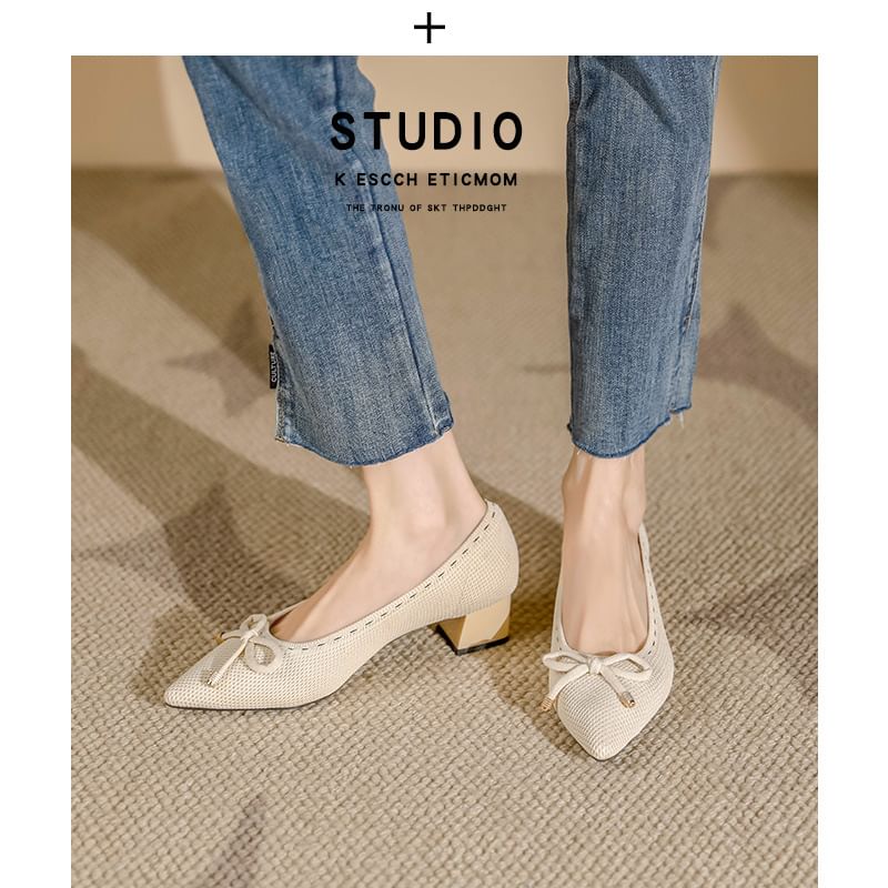 Pointed Heel Fabric Bow Block Pumps