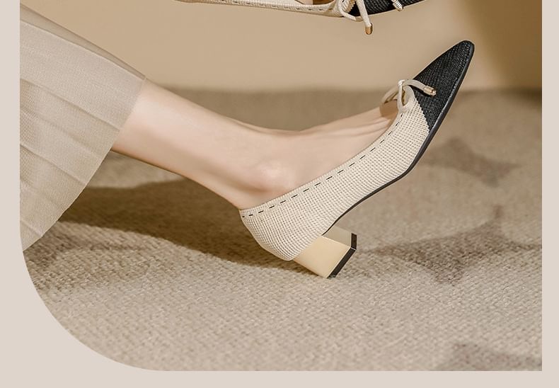 Pointed Heel Fabric Bow Block Pumps