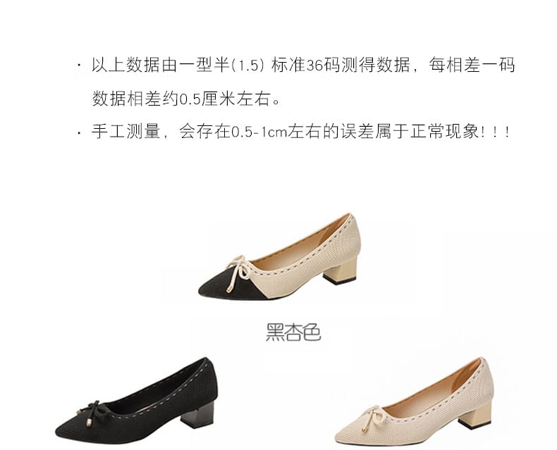Pointed Heel Fabric Bow Block Pumps