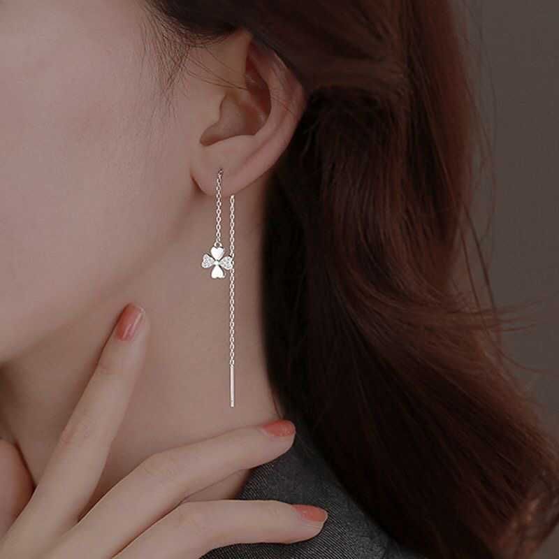 Clover Rhinestone Alloy Threader Earring