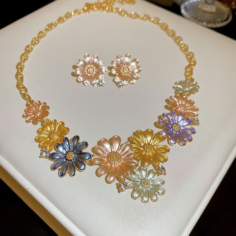 Stud Floral Earring Choker Alloy / Rhinestone