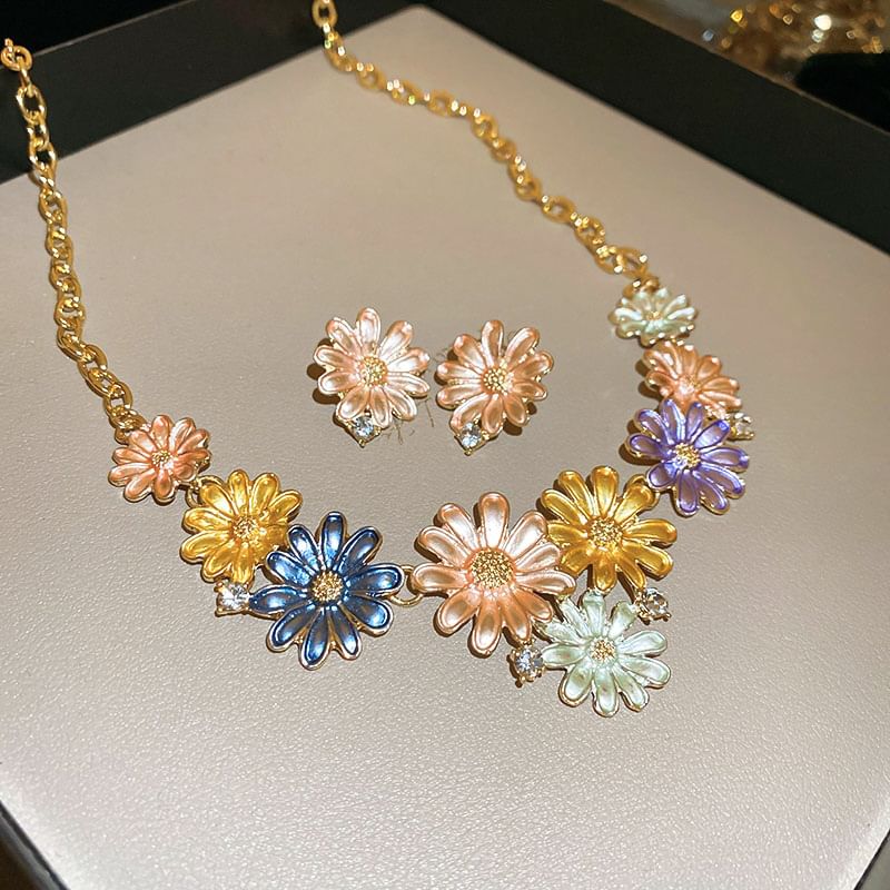 Stud Floral Earring Choker Alloy / Rhinestone