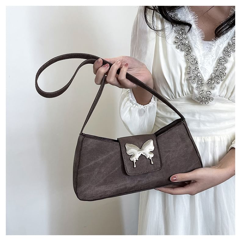 Butterfly Accent Faux Leather Shoulder Bag