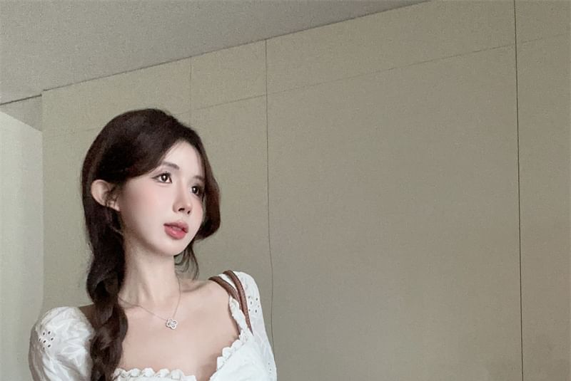 Blouse / Skirt Lace Neck A-Line Embroidered Short-Sleeve Tiered High Rise Front Eyelet Mini Tie Square