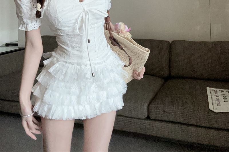Blouse / Skirt Lace Neck A-Line Embroidered Short-Sleeve Tiered High Rise Front Eyelet Mini Tie Square