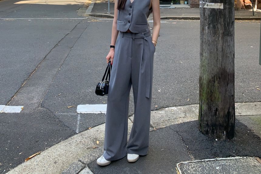 V-Neck Plain Crop Button Vest / Mid Waist Wide Leg Suit Pants