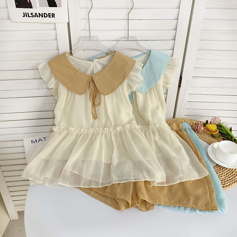 Set: Short-Sleeve Collared Two Tone Flowy Top + Mid Rise Shorts