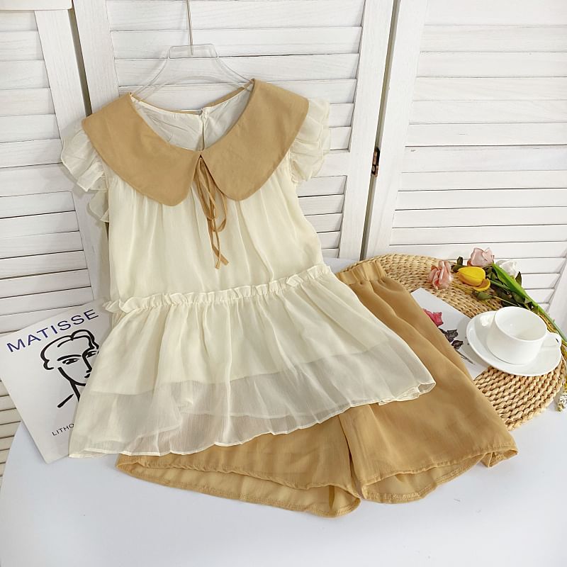 Set: Short-Sleeve Collared Two Tone Flowy Top + Mid Rise Shorts