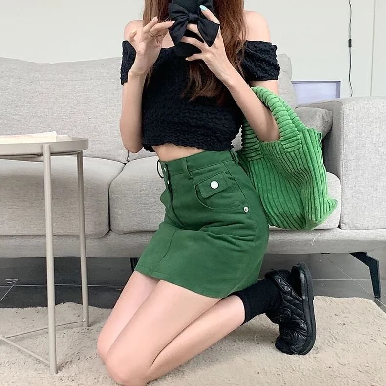 Skirt A-Line High Denim Plain Mini Waist