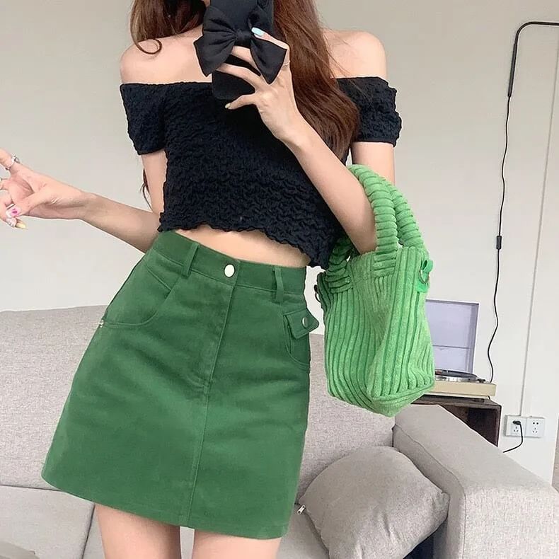 Skirt A-Line High Denim Plain Mini Waist