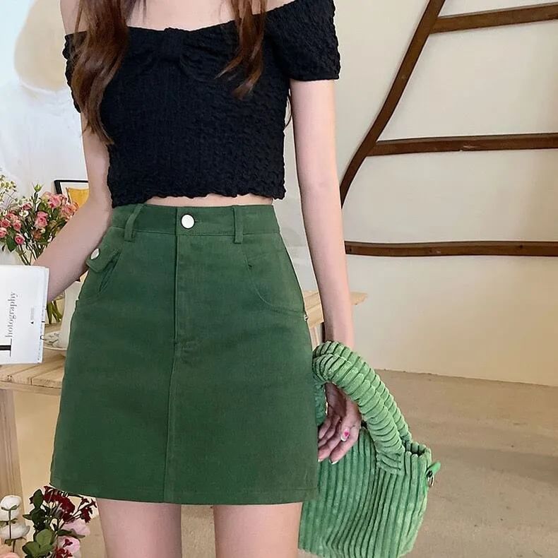 Skirt A-Line High Denim Plain Mini Waist
