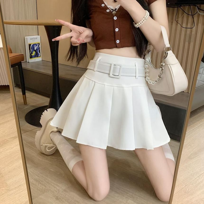 A-line High Undershorts Plain Mini Skirt Pleated / Waist Belt Set