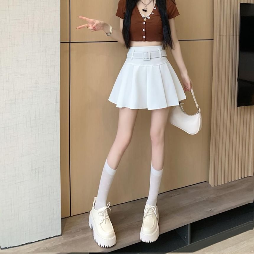 A-line High Undershorts Plain Mini Skirt Pleated / Waist Belt Set