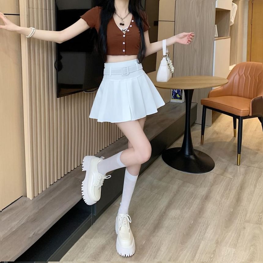 A-line High Undershorts Plain Mini Skirt Pleated / Waist Belt Set