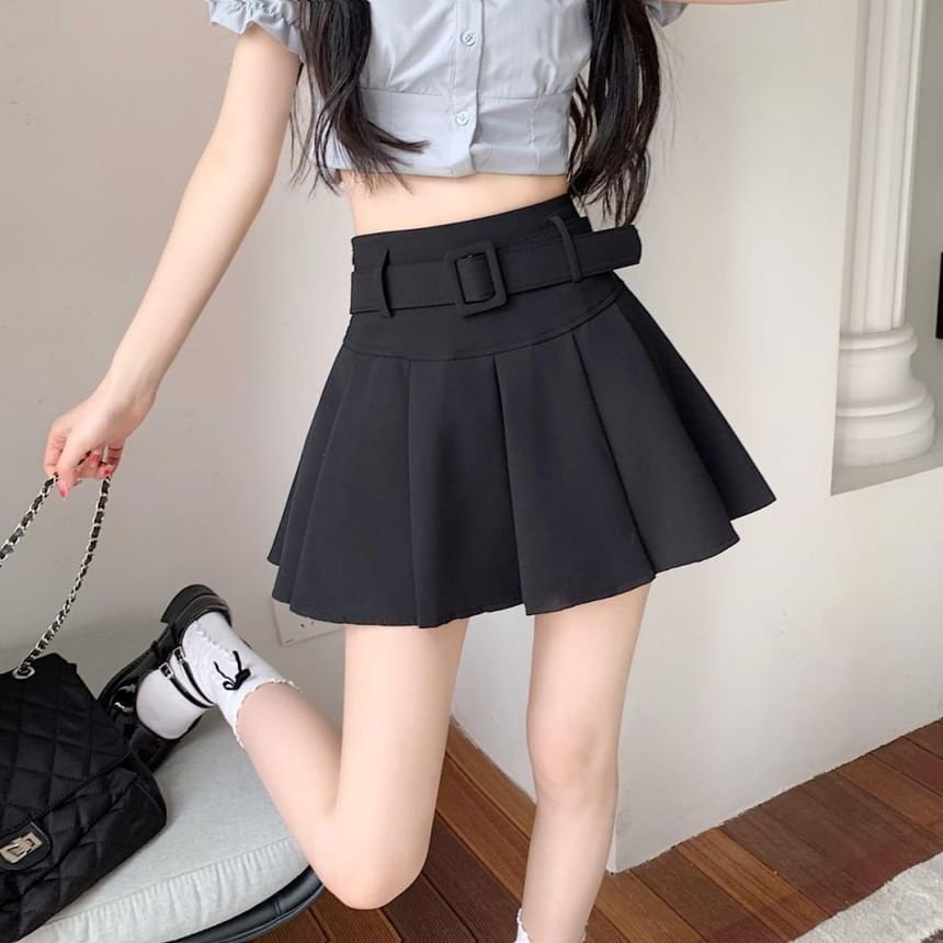 A-line High Undershorts Plain Mini Skirt Pleated / Waist Belt Set