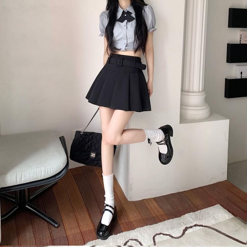 A-line High Undershorts Plain Mini Skirt Pleated / Waist Belt Set