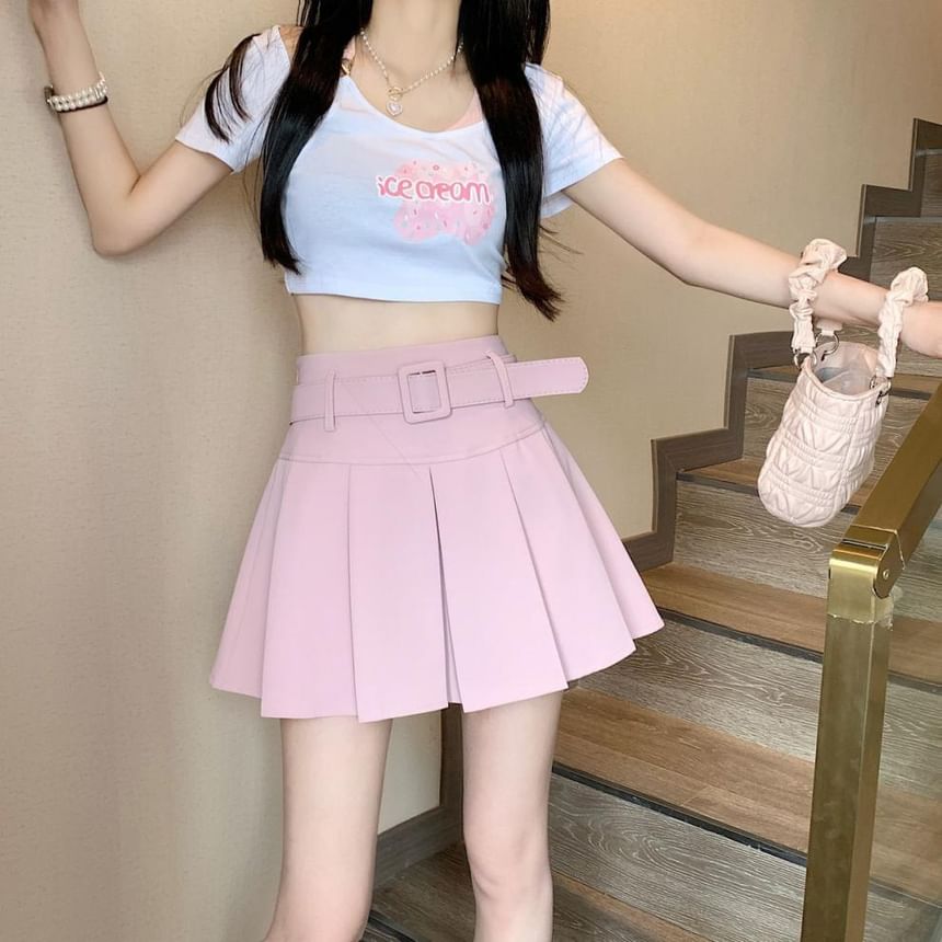 A-line High Undershorts Plain Mini Skirt Pleated / Waist Belt Set