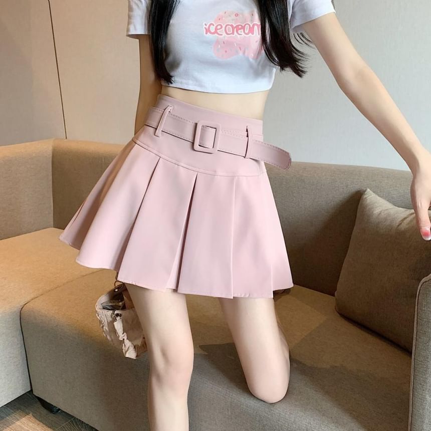 A-line High Undershorts Plain Mini Skirt Pleated / Waist Belt Set
