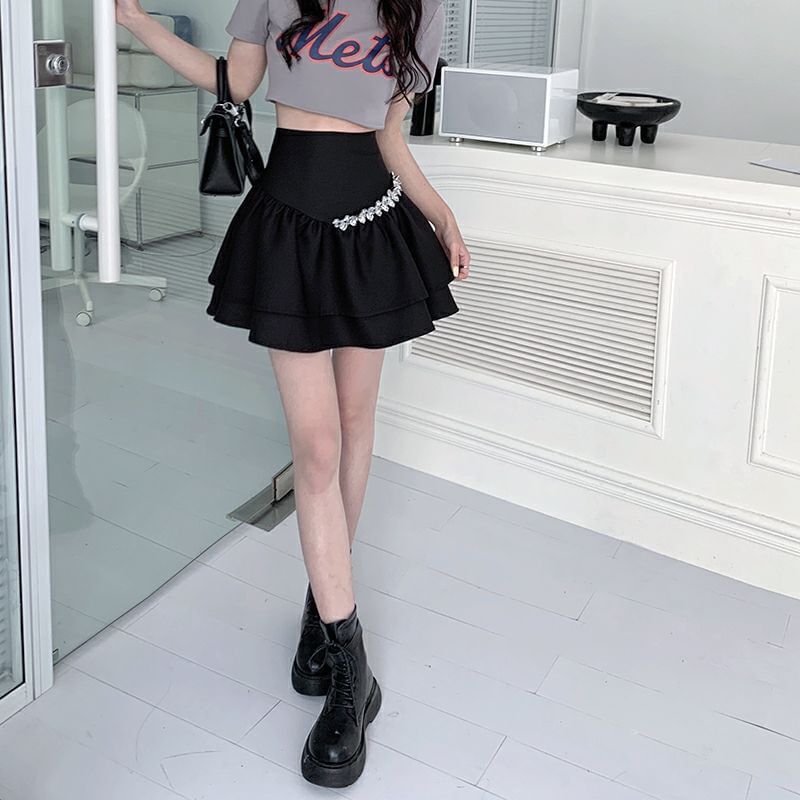 A-Line Mini Rhinestone Plain Skirt Rise High