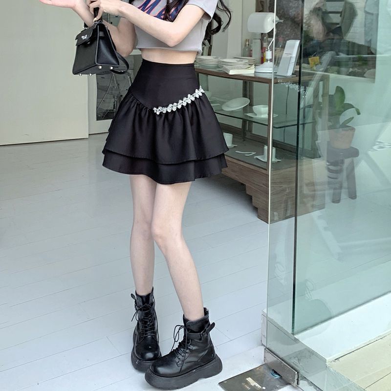 A-Line Mini Rhinestone Plain Skirt Rise High