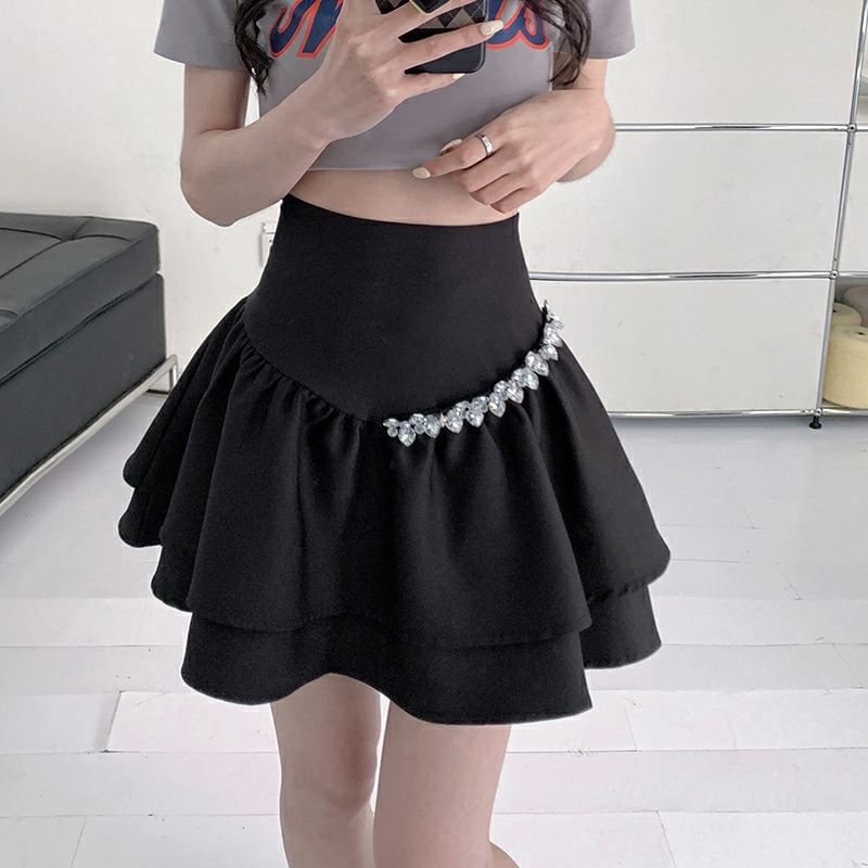 A-Line Mini Rhinestone Plain Skirt Rise High