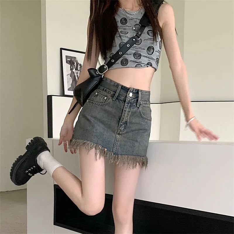 Mini Waist Skirt Hem High Pencil Denim Fringed