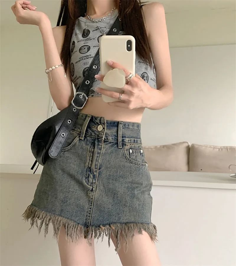 Mini Waist Skirt Hem High Pencil Denim Fringed