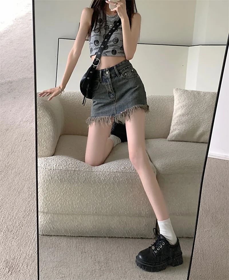 Mini Waist Skirt Hem High Pencil Denim Fringed