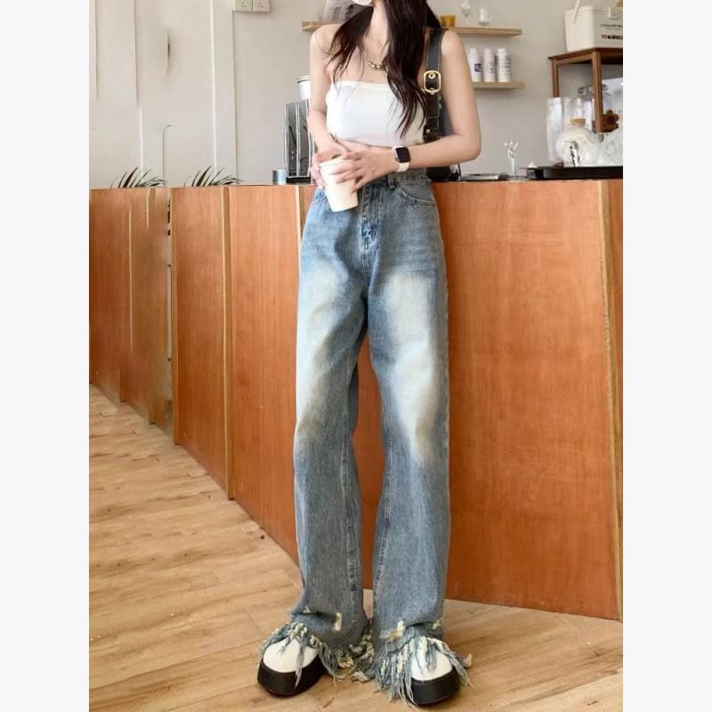 Waist High Wide Leg Ripped Jeans