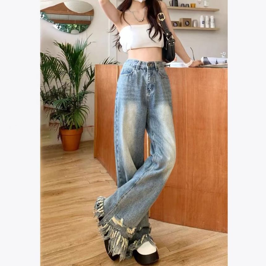 Waist High Wide Leg Ripped Jeans