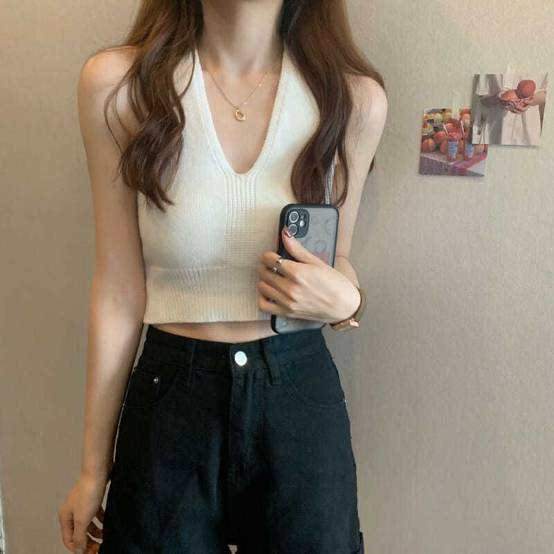 Halter Top V-Neck Plain Cropped Knit