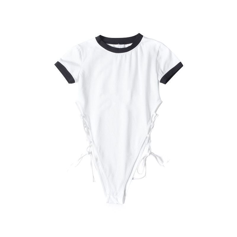 Crew Short-Sleeve Top Plain Bodysuit Neck Lace-Up