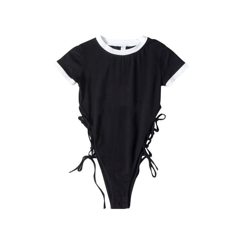 Crew Short-Sleeve Top Plain Bodysuit Neck Lace-Up