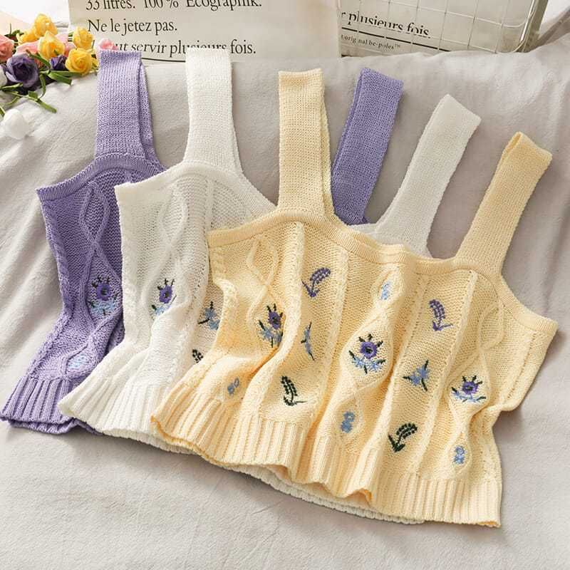 Top Cropped Knit Embroidered Camisole Flower