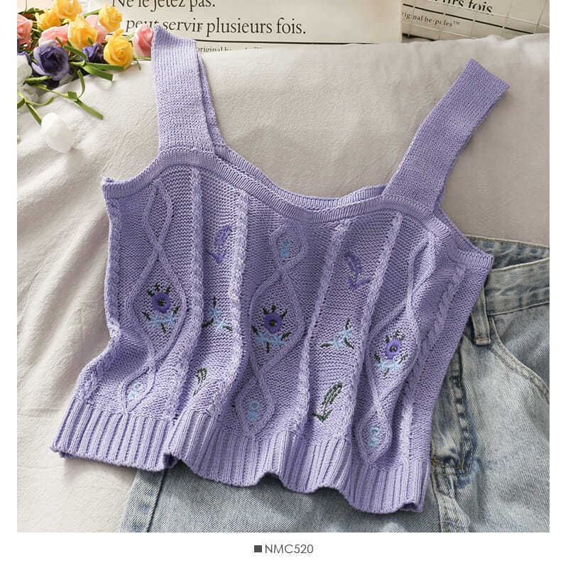 Top Cropped Knit Embroidered Camisole Flower