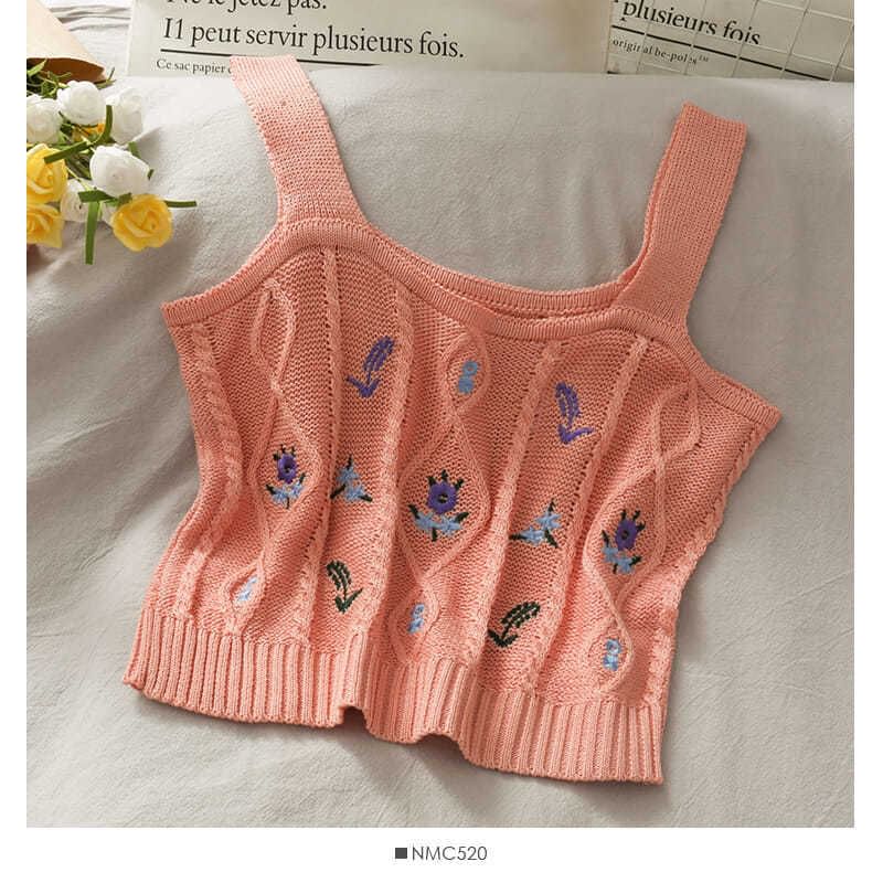 Top Cropped Knit Embroidered Camisole Flower