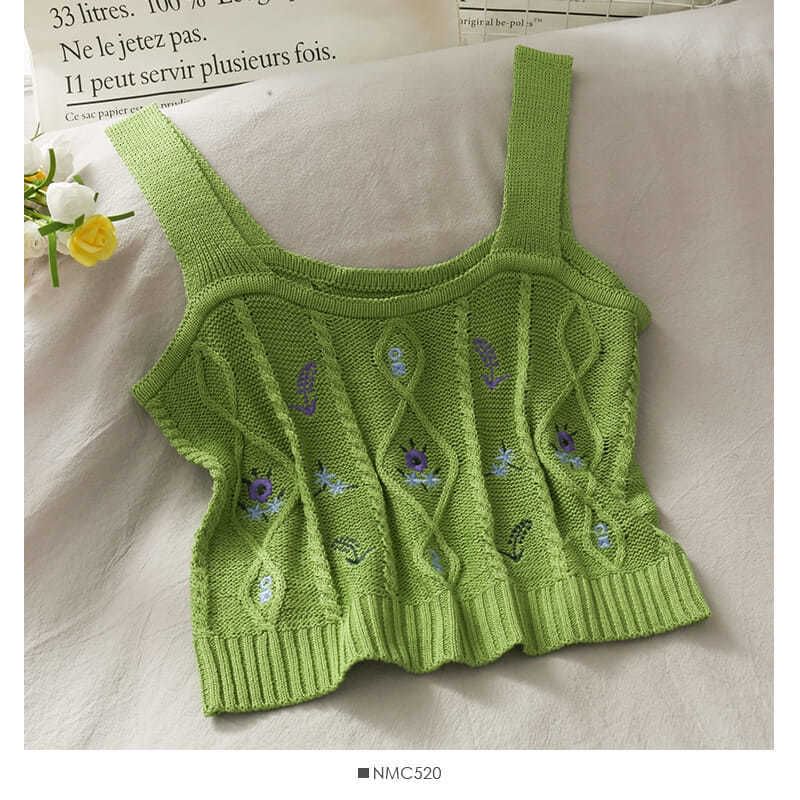 Top Cropped Knit Embroidered Camisole Flower