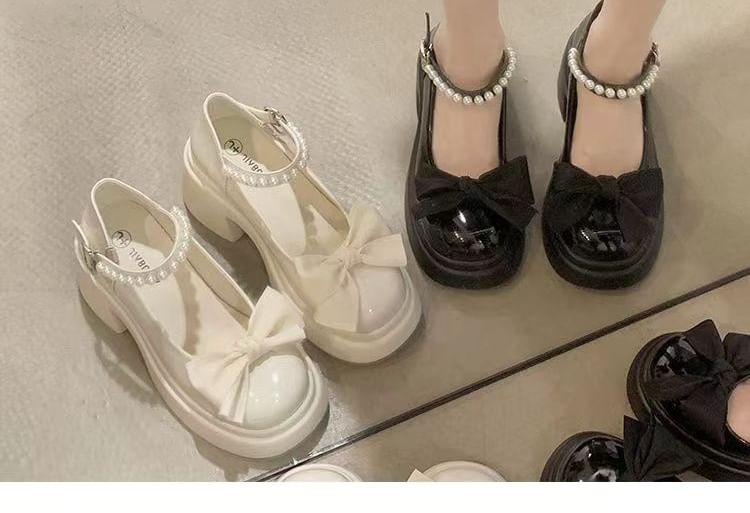Platform Heel Shoes Bow Mary Block Jane
