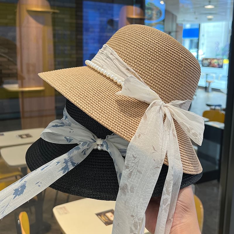 Faux Straw Pearl Hat Bucket Bow