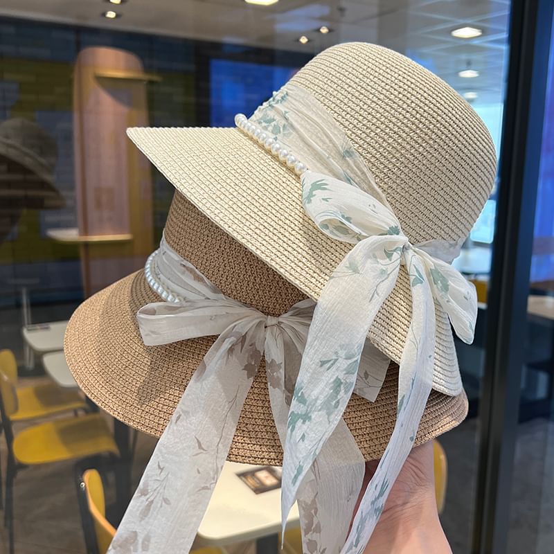 Faux Straw Pearl Hat Bucket Bow