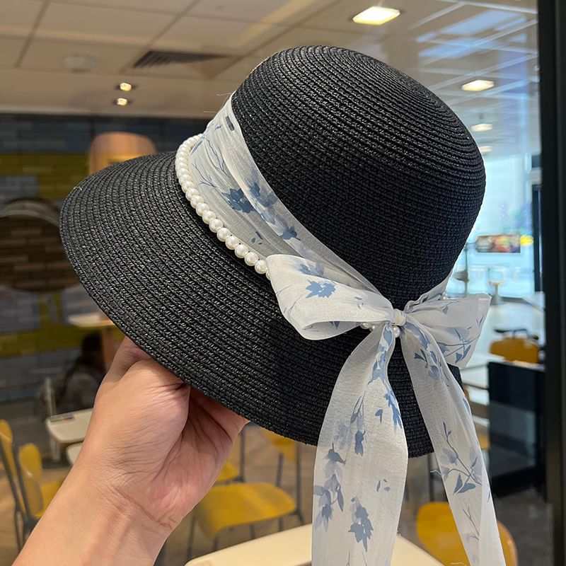 Faux Straw Pearl Hat Bucket Bow