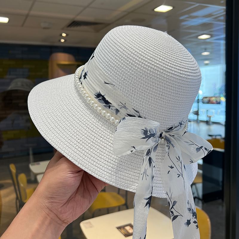 Faux Straw Pearl Hat Bucket Bow
