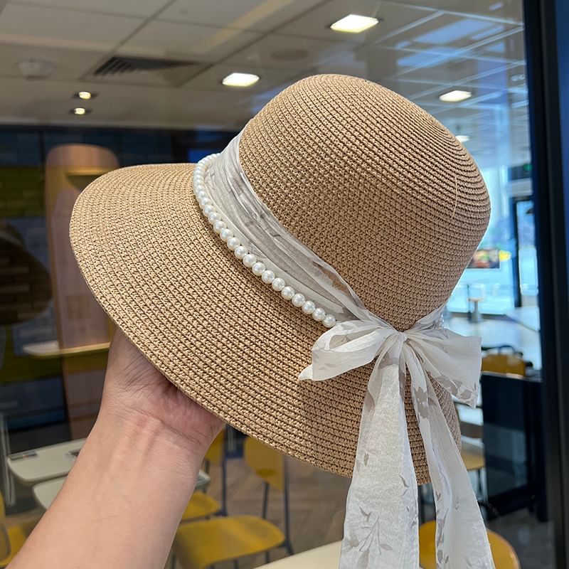 Faux Straw Pearl Hat Bucket Bow