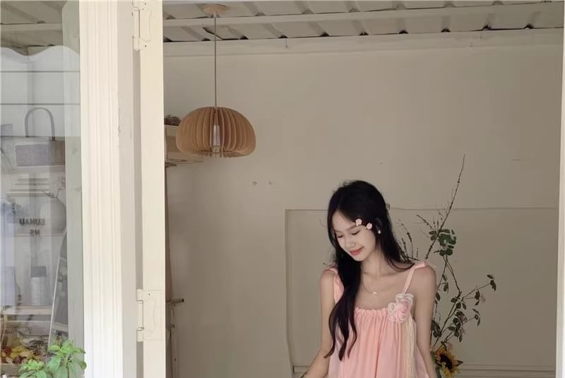 Maxi Spaghetti Plain Sundress Flower Strap Detail