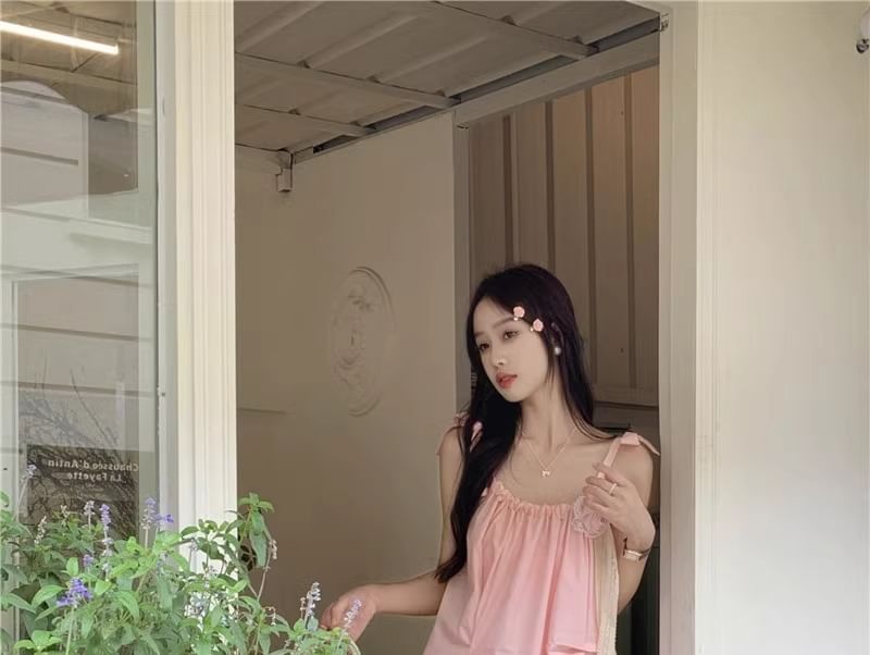 Maxi Spaghetti Plain Sundress Flower Strap Detail