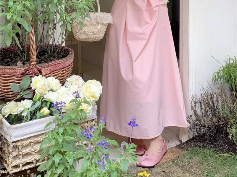 Maxi Spaghetti Plain Sundress Flower Strap Detail