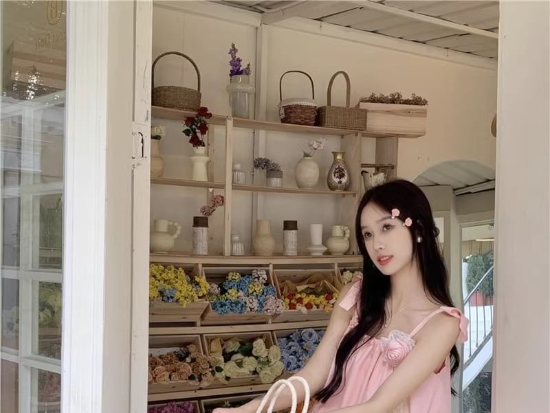 Maxi Spaghetti Plain Sundress Flower Strap Detail