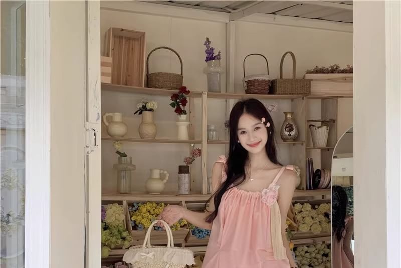 Maxi Spaghetti Plain Sundress Flower Strap Detail