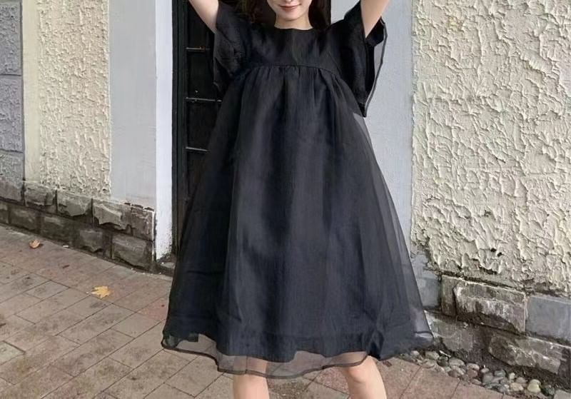 Panel Mesh Plain Dress Smock Short-Sleeve